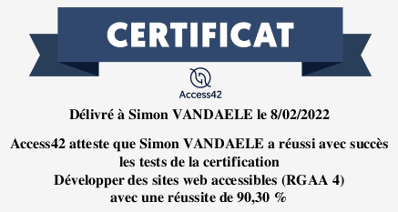 Certificat Access 42 délivré à Simon Vandaele le 08/02/2022